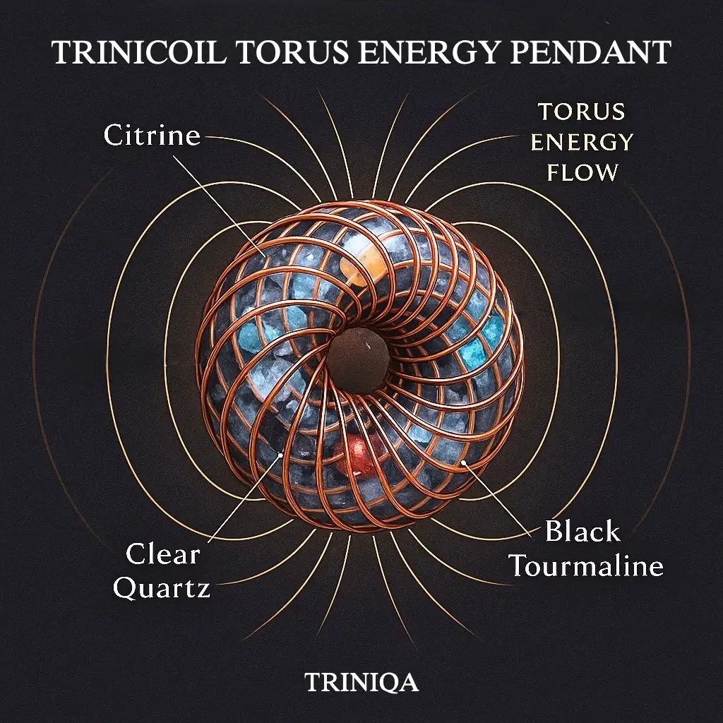 TRINICOIL Torus Energy Pendant แสดงโครงสร้างลวดทองแดงและหินพลังงาน 5 ชนิด